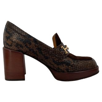 Tod's Tods Snakeskin-Embossed Loafer Pumps in Brown Leather and Suede