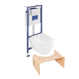 Villeroy & Boch Pack Inodoro Villeroy Et Boch Subway 2.0 Sin Reborde Con Asiento De Cierre Suave + Estructura Viconnect Pro + Placa Cromada Mate + Taburete De Madera