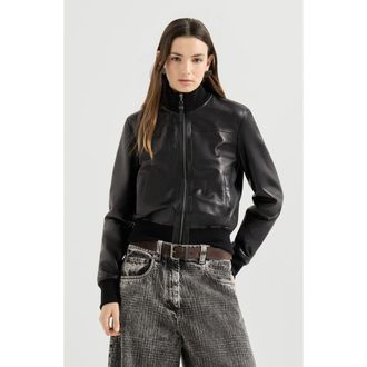 Brunello Cucinelli Nappa leather outerwear jacket with monili in Black at Nordstrom, Size 40