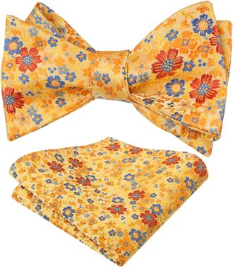 Alizeal Mens Self Tied Floral Classic Bow Tie and Pocket Square Colorful Wedding Party Bow Tie and Handkerchief Set, Yellow Orange