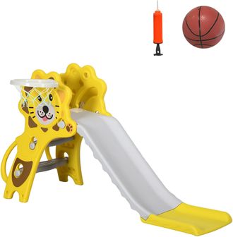 OEM Tobog&aacute;n Para Ni&ntilde;os De 18 A 36 Meses Con 2 Escaleras 1 Canasta De Baloncesto Y Patr&oacute;n De Le&oacute;n 131x50x74cm Amarillo Y Gris
