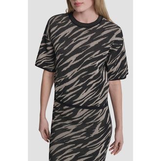 DKNY Animal Pattern Openwork Jacquard Short Sleeve Sweater in Concrete Animal at Nordstrom, Size X-Small