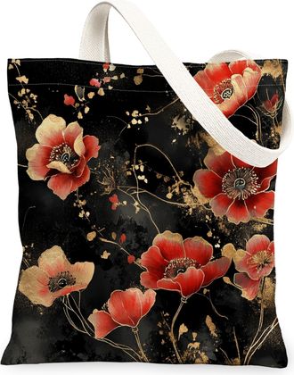 Generic Spring Japanese Poppy Canvas Tote Bag for Shopping 13x15, Asia Chinese Japan Flower Reusable Grocery Print Pattern Bag for Women, Cool Floral Beach Ae