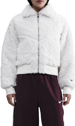 Nike Essential Faux Fur Bomber Jacket in Sail/Black at Nordstrom Rack, Size X-Large
