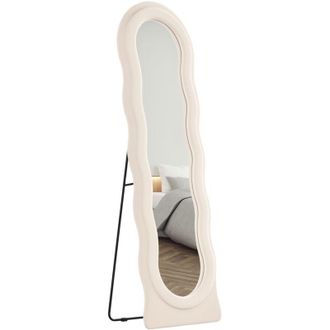 HOMCOM Homcom - Espejo De Cuerpo Entero 160x50 Cm Espejo De Pie O De Pared Dise&ntilde;o Ondulado Marco Con Tela De Terciopelo Para Sal&oacute;n Dormitorio Crema