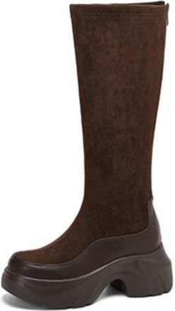 Generic Women Knee High Suede Platform Boots Elastic Shaft Chunky Thick Sole Side Zip Closed Toe Slip On Comfortable Durable Fashion,Brown,4.5 UK