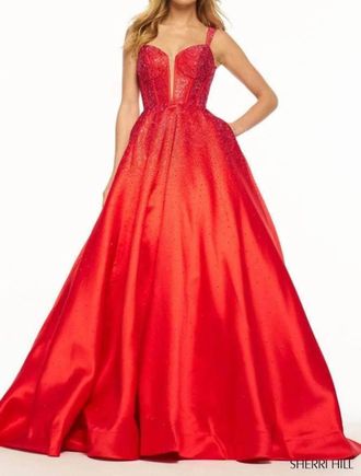 Sherri Hill Plunging Neckline Beaded Ballgown In Red