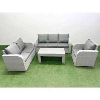 Fimous Patio pe Wicker 6 Seater Outdoor Rattan Furniture Sofa Sets with Oblong Coffee Table Reclining Chair Loveseat Sofa 3 Seater Sofa Light Grey - Fimous