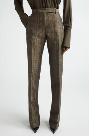 Tom Ford Crocodile Jacquard Linen & Silk Blend Straight Leg Pants in Olive Green at Nordstrom, Size 6 Us