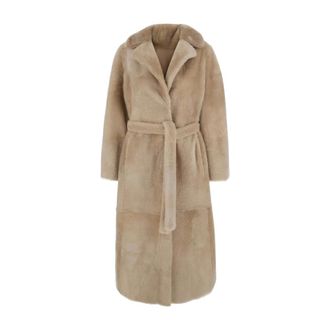 Yves Salomon Lange omkeerbare shearling jas met ceintuur - Dames - Jassen - Beige - Maat: 2XS Su&egrave;de