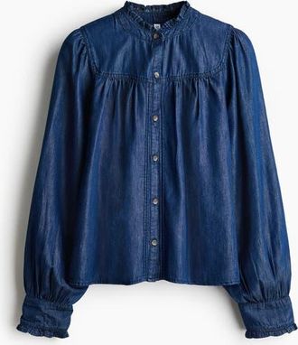 H&M Frill-trimmed Denim Blouse in Dark Denim Blue at Nordstrom, Size X-Small