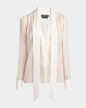 Tom Ford Micro Striped Silk Chiffon Plunging Lavalliere Blouse