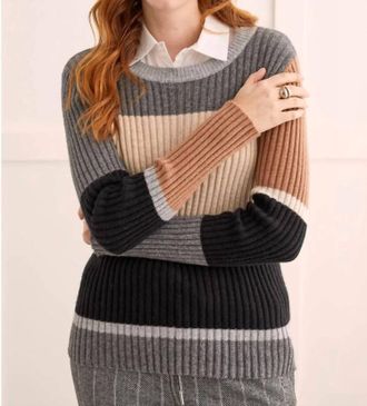 Tribal Ribbed Color Block Crew Neck Sweater In Charcoal