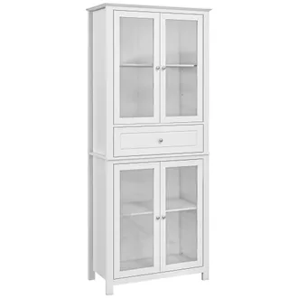 HOMCOM Alacena De Cocina Mueble Vitrina Con 4 Puertas De Vidrio Templado Caj&oacute;n Y Estantes Ajustables Para Sal&oacute;n Comedor 74x35,5x181,5 Cm Blanco - Homcom