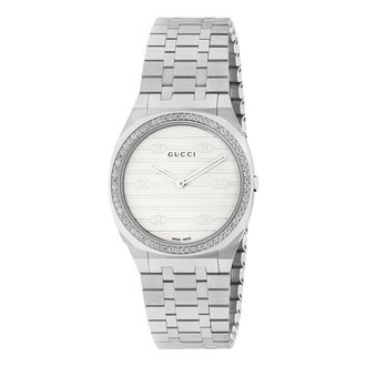 Gucci 25H Diamanten Lunette en Roestvrijstalen Armbandhorloge - Dames - Horloges - Grijs - ONE Size - Accessoires