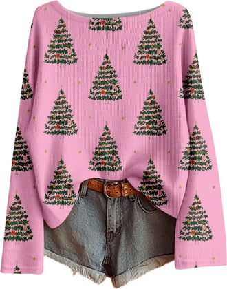 Generic Womens Christmas T Shirts Funny Christmas Funny Xmas Tree Snowman Print Tops Loose Long-Sleeved Sweater Casual Pullover Knitted Top with Multiple Desi