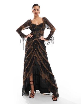 Asos long sleeve frill high low maxi dress in abstract print-Multi