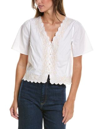 CeCe by Cynthia Steffe V Neck Embroidered Buttoned Top