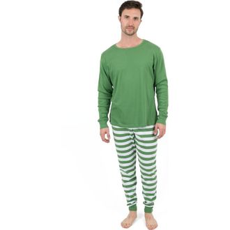 Leveret Mens Cotton Striped Matching Family Holiday Pajamas in Solid Green Top & Striped Pant at Nordstrom, Size Xx-Large