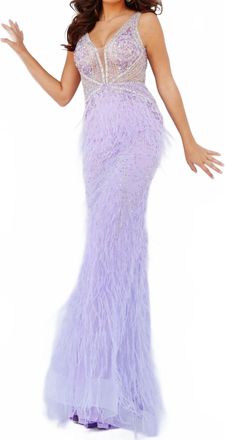 Jovani Beaded Feather Long Dress In Lilac