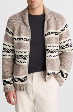 Madewell Fair Isle Zip Up Wool Cardigan in Stone at Nordstrom, Size Small