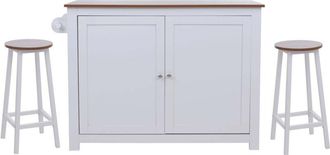 Hhg Isla De Cocina Hhg-683 Con 2 Taburetes, Armario De Cocina Con Cajones Y Compartimentos De Almacenamiento Mdf 90x120x45 Cm, Blanco, Aspecto M&aacute;rmol Negr