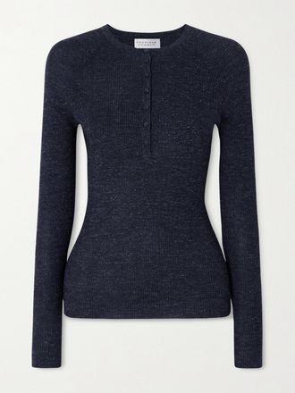 Gabriela Hearst Maglia Henley In Misto Cashmere, Seta E Canapa A Coste Anges - Blu