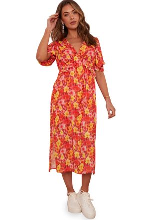 Chi Chi London Chi London Womens Short Sleeve Floral Printed Midi in Orange Special Occasion Dress, Orange, 10 UK