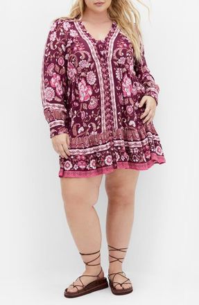 City Chic Fiona Long Sleeve Minidress in Purple Print at Nordstrom, Size Xxl
