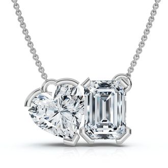 Pompeii3 2Ct Toi Et Moi Heart Emerald Diamond Pendant 14k Gold 18 Necklace Lab Grown
