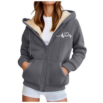 Generic Fleece Zipped Hoodies for Women UK Heart Print Ladies Hoodies Oversized Zip Up Hoodie Women Casual Fall Winter Sweatshirts with Pockets, Fashion Jacke