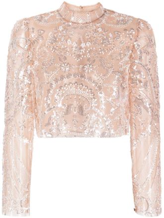 Self Portrait sequin-embellished semi-sheer top - Neutrals