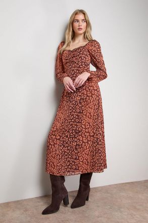 Oasis Womens Printed Chiffon Shoulder Detail Shirred Back Midi Dress - Animal - Size 18 UK