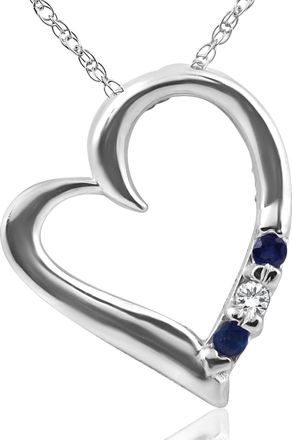 Pompeii3 Diamond & Blue Sapphire Heart Pendant 3-Stone 14K White Gold with 18 Chain