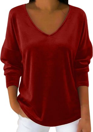 Generic Womens Velvet Shirts Cozy Long Sleeve V Neck Party Top Casaul Basic Shirt Elegant Velour Shirts Autumn Winter Warm Pullover Sweatshirts Red