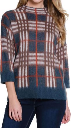 Multiples Plaid Mock Neck Sweater In Rich Teal