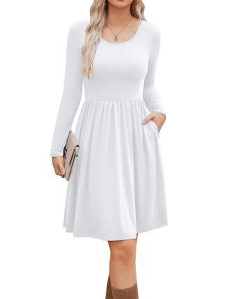 Zeagoo Dress Women Elegant Casual Dresses Long Sleeve A Line Mididress Classic Round Neck Tunic with Pockets White