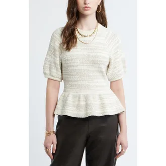 Treasure & Bond Space Dye Puff Sleeve Cotton Peplum Sweater in Ivory Dove Space Dye at Nordstrom, Size Xx-Large