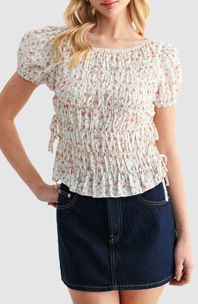 All in Favor Smocked Puff Sleeve Top in Off White Red at Nordstrom, Size X-Large