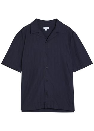 Sunspel Striped Embroidered Cotton Shirt - Navy - XL