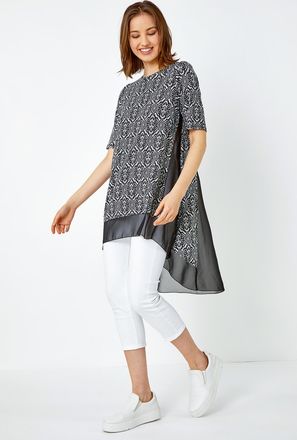 Roman Aztec Chiffon Hem Stretch Tunic Top