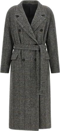 Brunello Cucinelli Techno Alpaca Check Tweed Jas - Dames - Jas met riem - Grijs - L - Tweed - Jassen