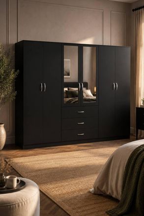 Home Discount Vida Designs Riano 6 Door 3 Drawer Mirrored Wardrobe Bedroom Furniture in Black
