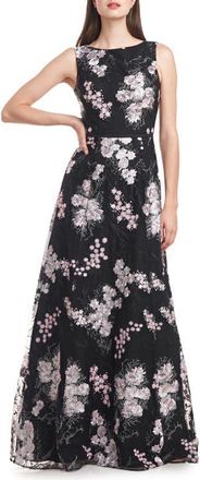 JS Collections Catalina Floral Embroidered A-Line Ballgown in Black/Blush at Nordstrom, Size 12