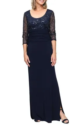 S.L. Fashions Sequin Bodice Matte Jersey Gown in Navy at Nordstrom, Size 10P