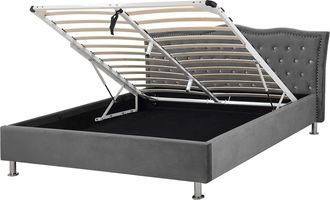 Beliani Cama Con Almacenaje De Terciopelo Gris Oscuro 140 X 200 Cm Botones Metz