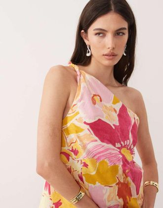 Nobody's Child Tide - Top monospalla in misto lino rosa a fiori in coordinato