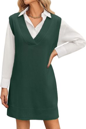 Zeagoo Womens Sweater Vest Dresses for Women V Neck Sleeveless Knit Pullover Sweater with Side Slit Autumn Winter Outfits Green S