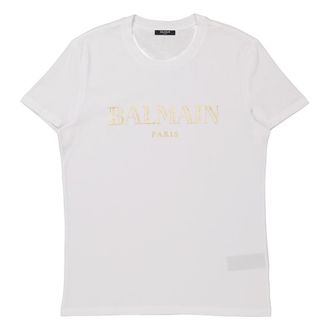 Balmain Metallic Logo Print Cotton T Shirt, Size Medium
