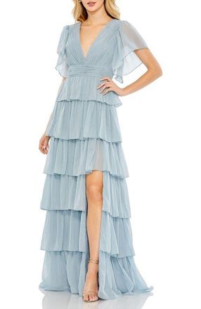 Mac Duggal Womens Tiered Flutter Sleeve V-Neck Evening Gown in Slate Blue at Nordstrom, Size 16